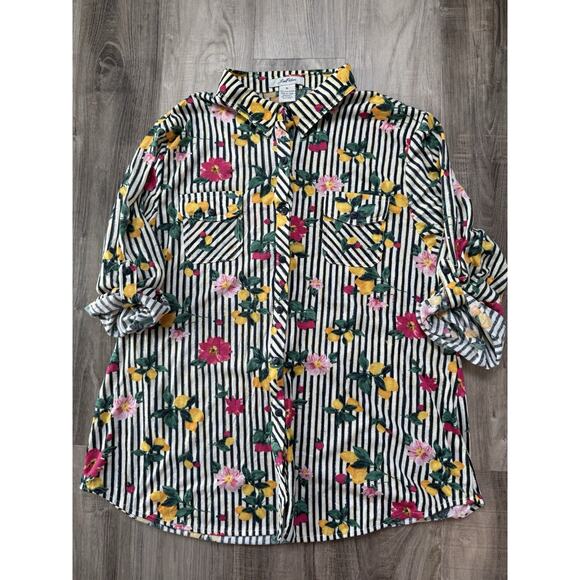 Woman Love Potion White & Blac Striped Roll Tab Long Sleeve Button Up Shirt XL - Picture 1 of 7